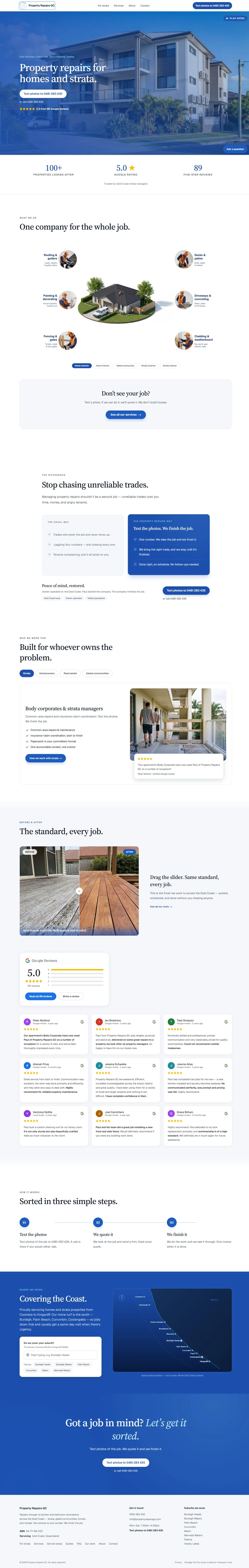 Complete redesigned Property Repairs GC homepage, including services, work examples, reviews and enquiry options.