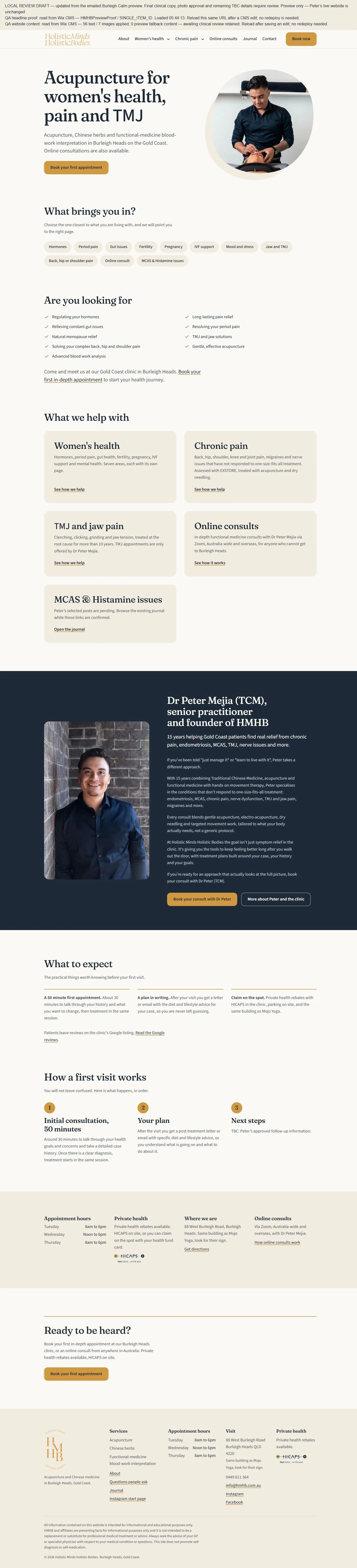 Complete Holistic Minds Holistic Bodies redesigned homepage, with service choices, Peter’s introduction, visit information, booking options and footer.