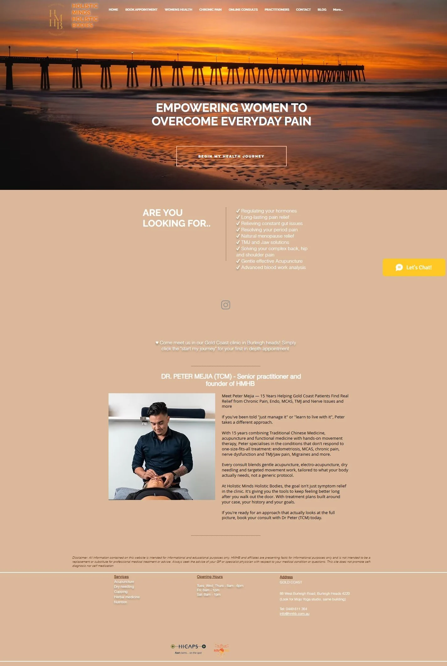 Complete original Holistic Minds Holistic Bodies homepage, with sunset opening, clinic information, Peter’s introduction and footer.
